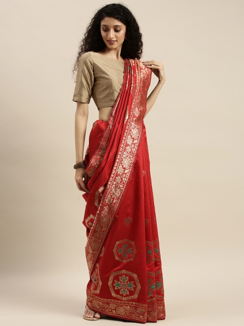 

KALINI Rust Red & Gold-Toned Art Silk Woven Design Saree