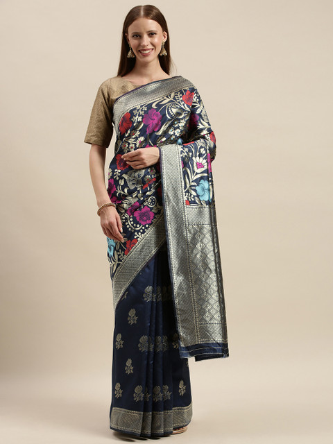 

KALINI Navy Blue & Gold-Toned Art Silk Woven Design Saree