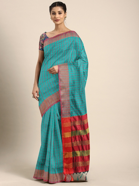 

KALINI Sea Green & Red Art Silk Checked Saree