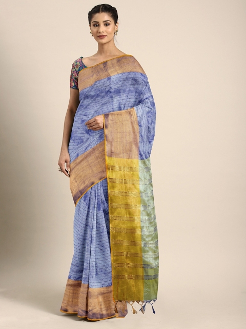 

KALINI Blue & Yellow Art Silk Striped Kanjeevaram Saree