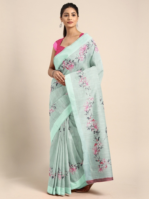 

KALINI Turquoise Blue & Pink Linen Blend Printed Saree