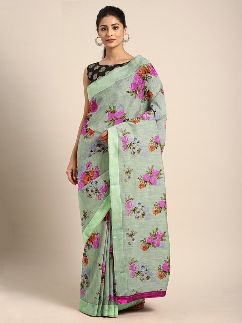 

KALINI Green & Pink Linen Blend Printed Saree