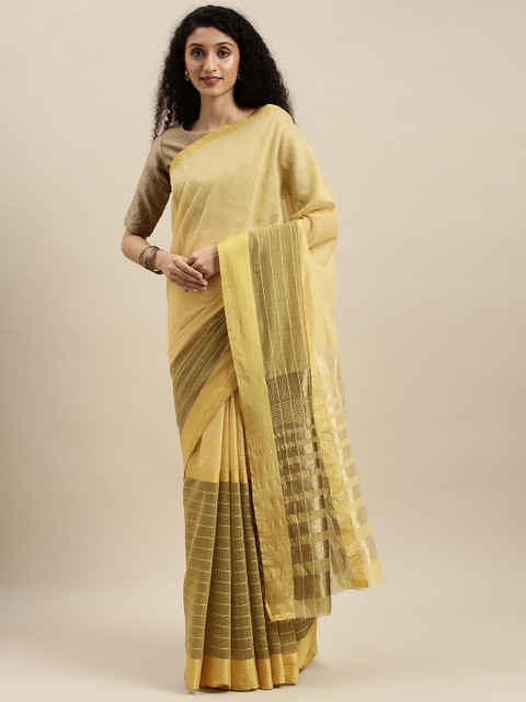 

KALINI Mustard Yellow & Gold-Toned Linen Blend Solid Saree