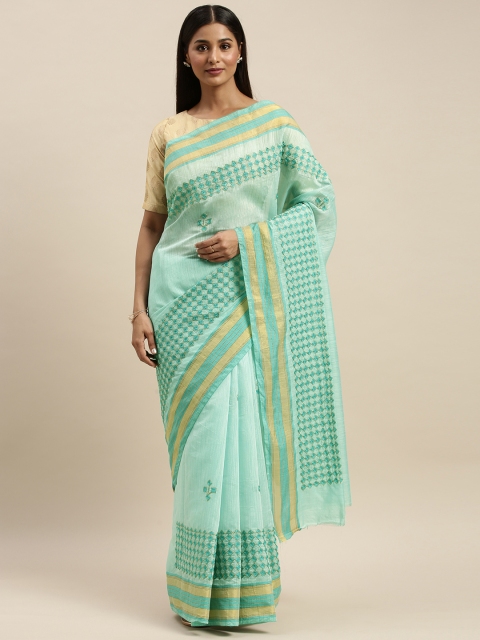 

KALINI Sea Green Embroidered Linen Blend Saree
