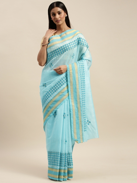 

KALINI Blue Embroidered Linen Blend Saree