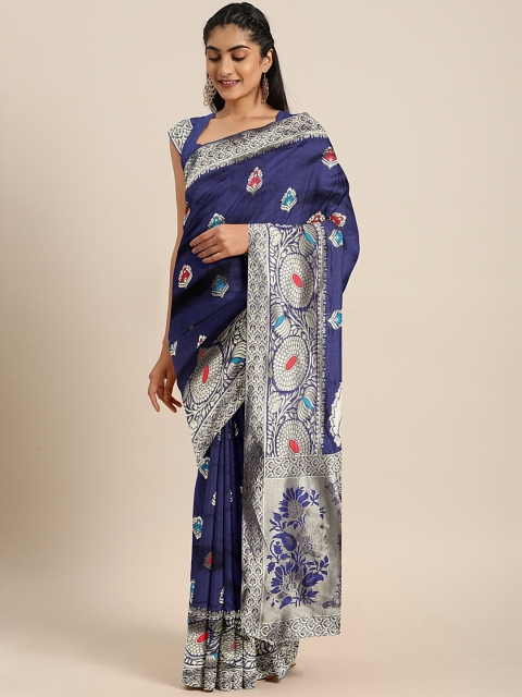 

KALINI Navy Blue & Silver-Coloured Art Silk Woven Design Saree