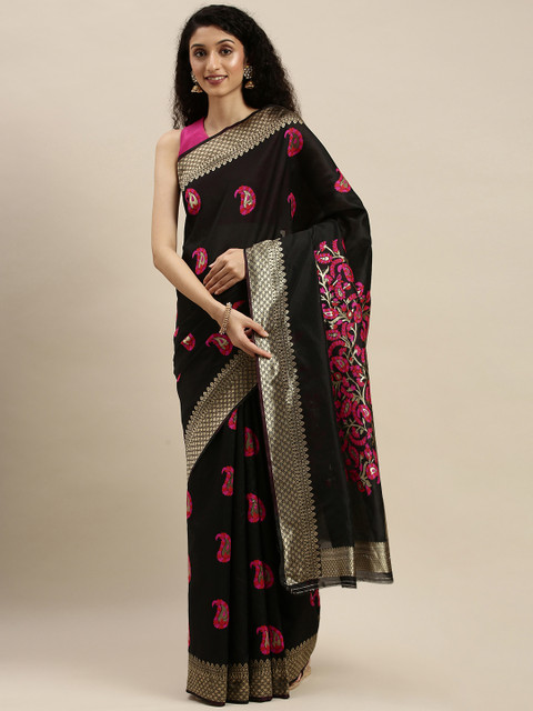 

KALINI Black & Pink Woven Design Art Silk Saree