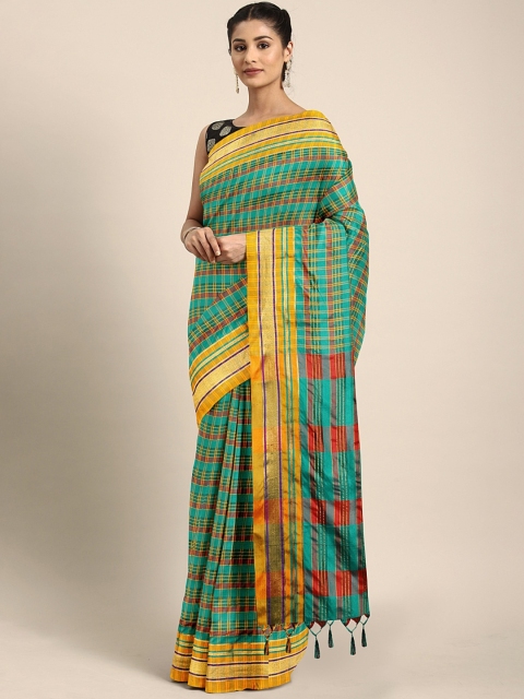 

KALINI Green & Mustard Yellow Checked Art Silk Saree