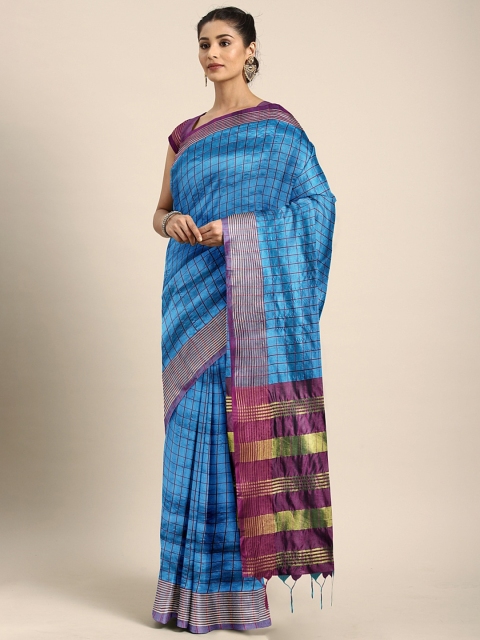 

KALINI Turquoise Blue & Purple Art Silk Checked Saree