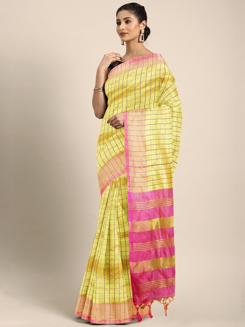 

KALINI Yellow & Pink Checked Art Silk Saree