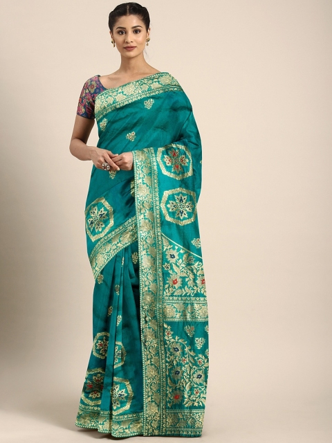 

KALINI Teal Green & Gold-Toned Art Silk Woven Design Saree