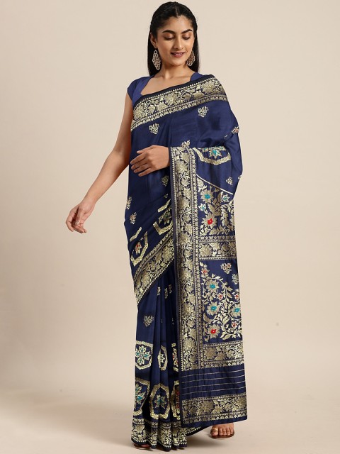 

KALINI Navy Blue & Gold-Toned Art Silk Woven Design Saree