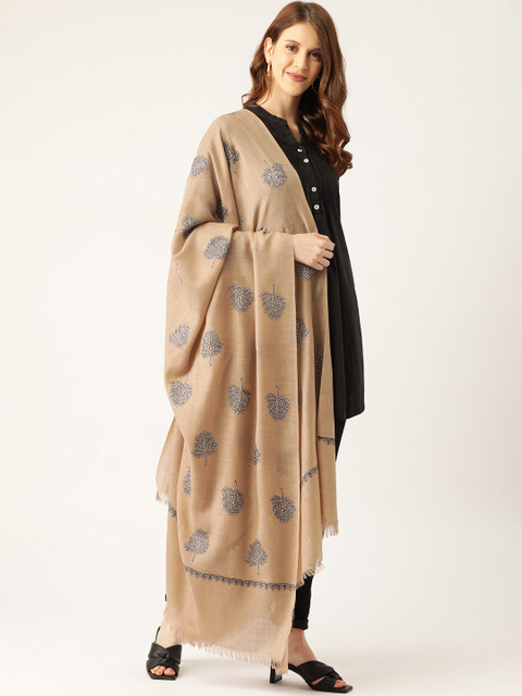 

Monte Carlo Women Beige & Black Floral Woven Design Shawl