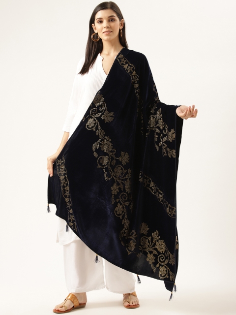 

Monte Carlo Women Navy & Golden Embellished Shawl with Velvet Finish, Black