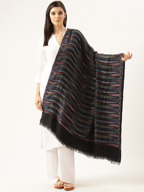 

Monte Carlo Women Black and Red Woollen Self Striped Shawl