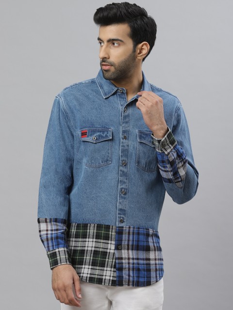 

Bhaane Men Blue & Black Boyfriend Fit Denim Shirt