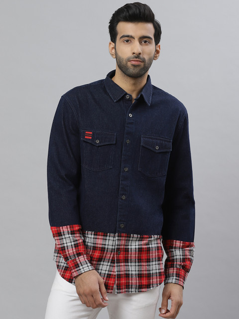 

Bhaane Men Navy Blue & Red Boyfriend Fit Denim Shirt