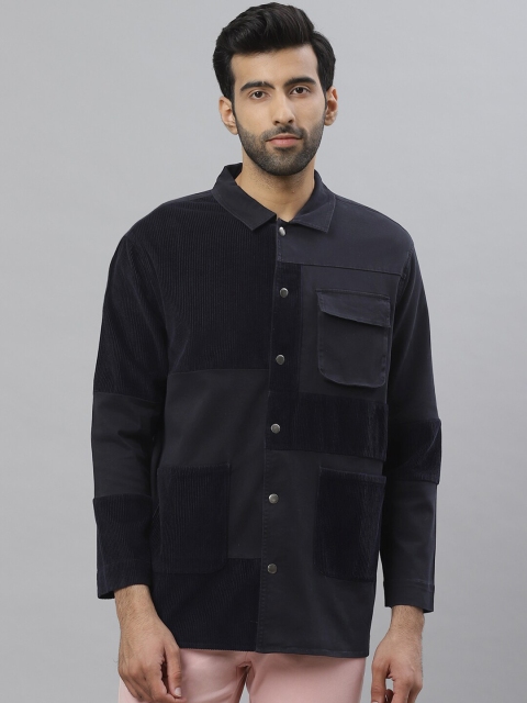 

Bhaane Men Navy Blue Solid Corduroy Detail Tailored Shacket