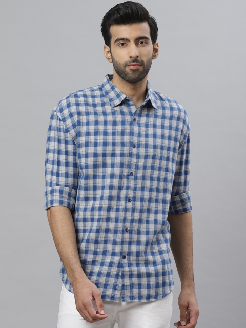 

Bhaane Men Blue & Grey Boxy Fit Checked Casual Shirt