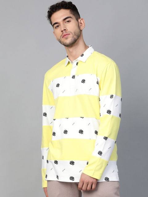 

Bhaane Unisex Yellow & White Floral Striped Polo Collar T-shirt