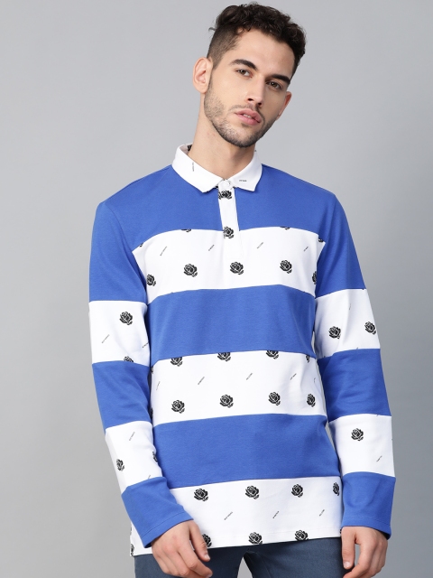 

Bhaane Unisex Blue & White Floral Striped Polo Collar T-shirt