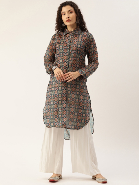 

Instafab Women Grey & Brown Printed Straight Kurta with Shirt Collar