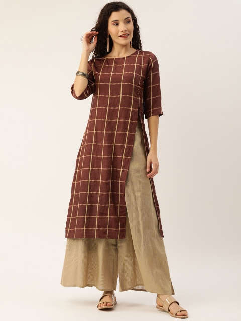 

Instafab Women Brown & Beige Checked Straight Kurta with High Slit