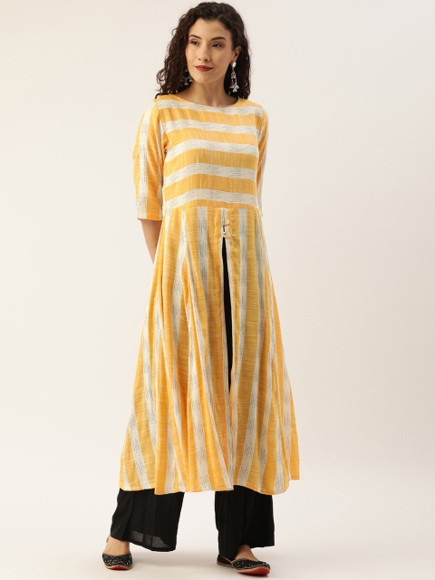 

Instafab Women White & Yellow Striped A-Line Kurta with High Slit