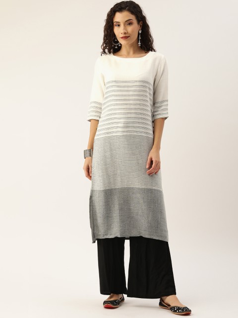 

Instafab Women White & Grey Striped Straight Kurta