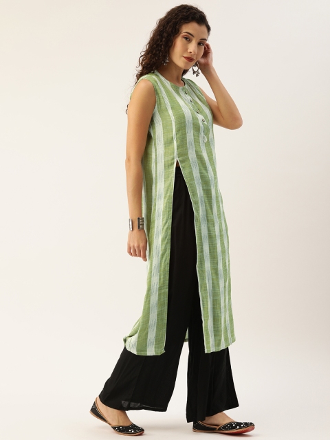 

Instafab Women Green & White Striped Straight Kurta with High Slit
