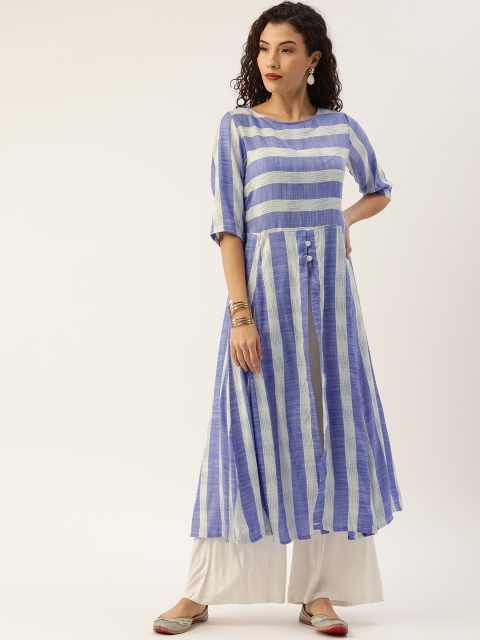 

Instafab Women Blue & Grey Striped A-Line Kurta with High Slit