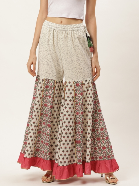 

Laabha Women Off-White & Pink Printed Flared Sharara