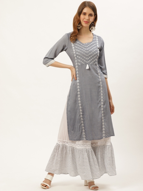 

Laabha Women Grey & White Yoke Design Kurta with Sharara