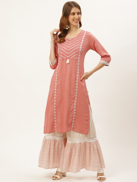 

Laabha Women Coral Pink & White Yoke Design Kurta with Sharara