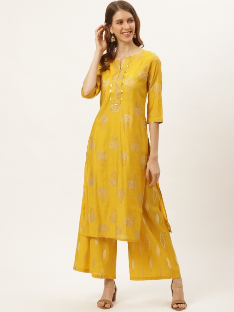 

Laabha Women Mustard Yellow & Golden Ethnic Motifs Print Kurta with Palazzos