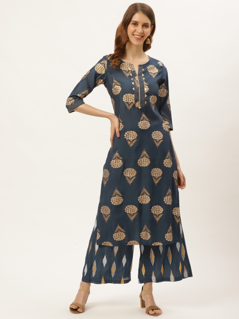 

Laabha Women Navy Blue & Golden Ethnic Motifs Print Kurta with Palazzos