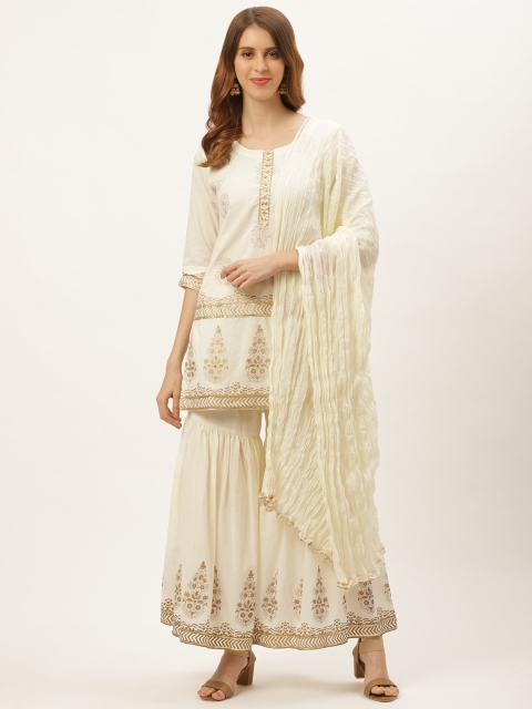 

Laabha Women Off-White & Golden Printed Kurta with Sharara & Dupatta