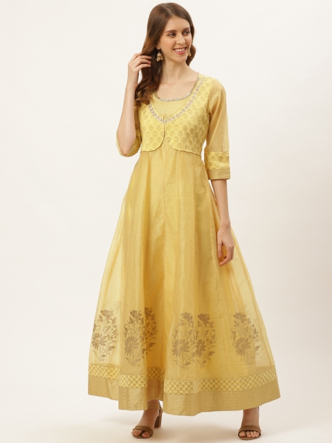 

Laabha Women Yellow & Golden Silk Zari Embroidered Printed Detail Maxi Dress