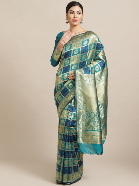 

Saree mall Blue & Golden Checked Banarasi Saree