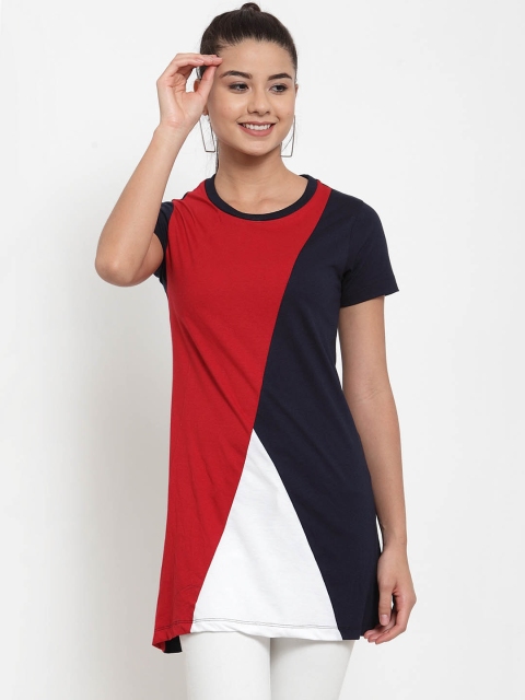 

Kalt Women Navy Blue & Red Colourblocked Longline T-shirt