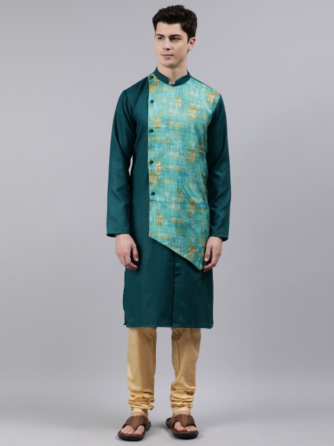 

EthnoVogue Men Green & Beige Printed Layered Made to Measure Kurta Set