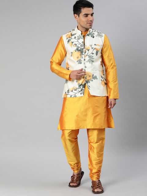 

EthnoVogue Men Yellow Solid Made To Measure Kurta with Churidar & Nehru Jacket