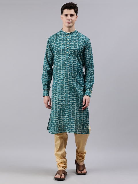 

Bollywood Vogue Men Teal Blue & Beige Made to Measure Printed Kurta with Churidar