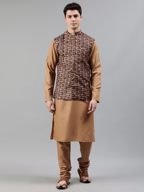 

EthnoVogue Men Brown Solid Made to Measure Kurta with Churidar & Nehru Jacket