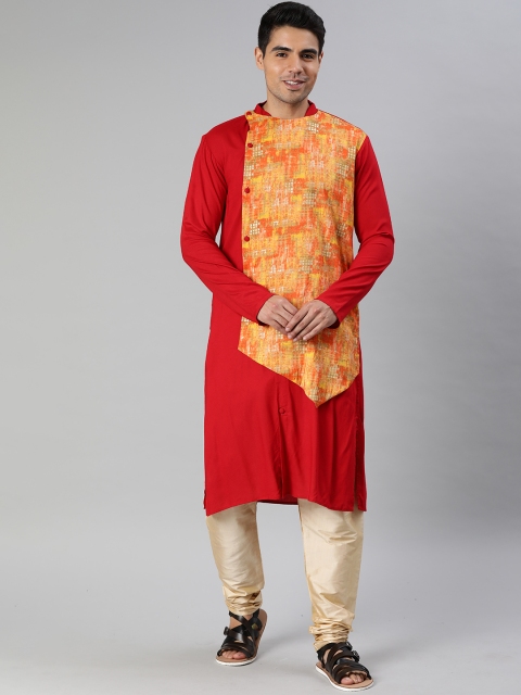 

Bollywood Vogue Men Red & Beige Printed Layered Made To Measure Kurta with Churidar