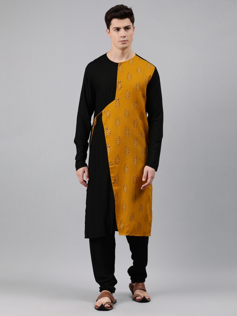 

EthnoVogue Men Black & Mustard Yellow Foil Printed Made to Measure Angrakha Kurta Set