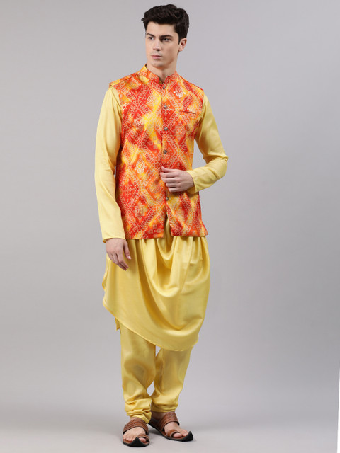 

Bollywood Vogue Men Yellow Solid Made To Measure Kurta with Churidar & Nehru Jacket