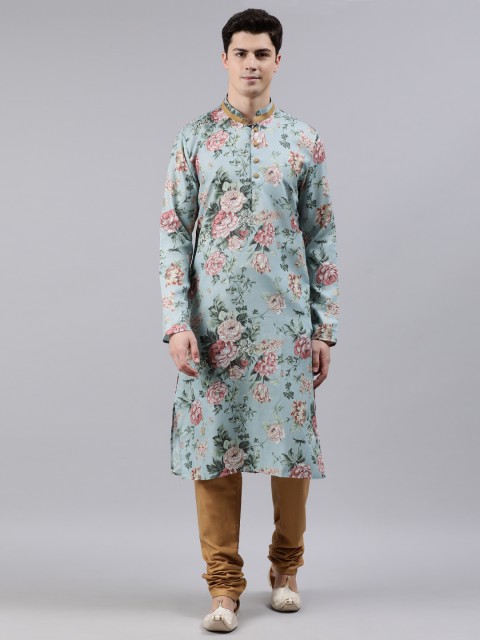 

EthnoVogue Men Sea Green & Brown Floral Printed Made to Measure Kurta Set