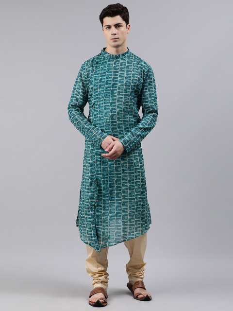 

Bollywood Vogue Men Teal Blue & Beige Made to Measure Printed Angrakha Kurta with Churidar