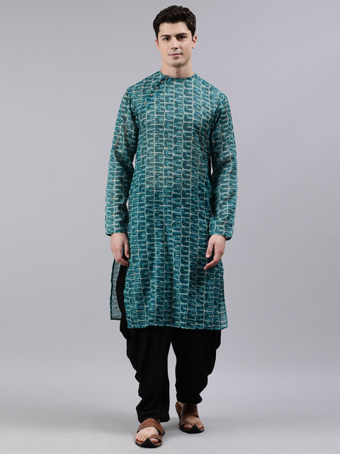 

EthnoVogue Men Teal Blue & Black Printed Made To Measure Kurta Set